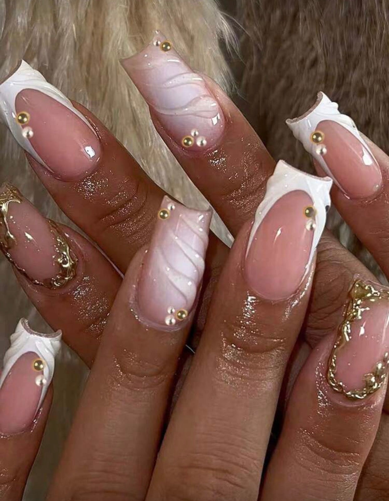 24 pièces Autocollants d'ongles en gel 3D carrés longs avec décoration de perles