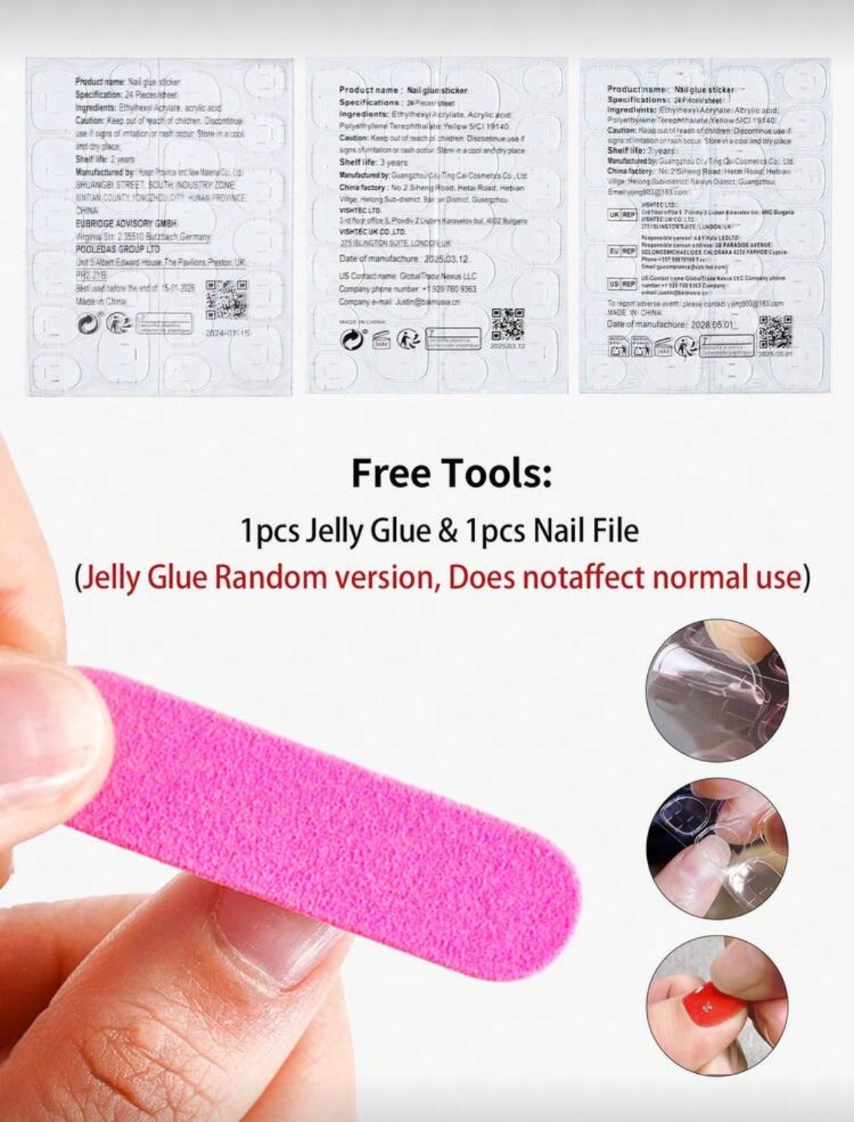 24 pièces Autocollants d'ongles en gel 3D carrés longs avec décoration de perles