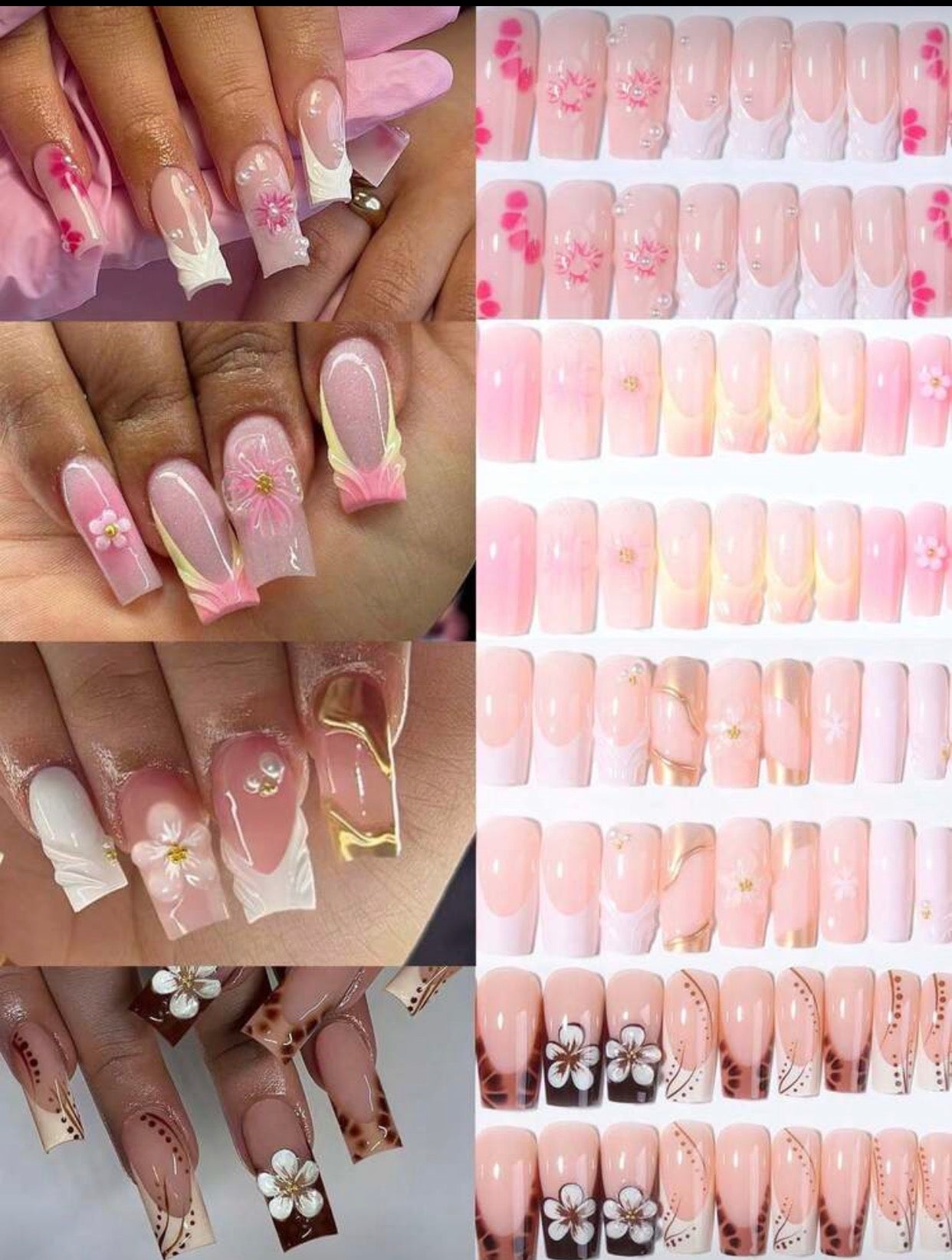 24 pièces Autocollants d'ongles en gel 3D carrés longs avec décoration de perles